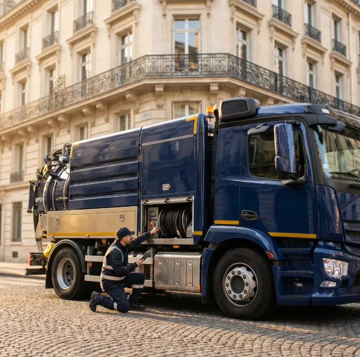 Camion d'hydrocurage et plombier en intervention de débouchage à Paris 13